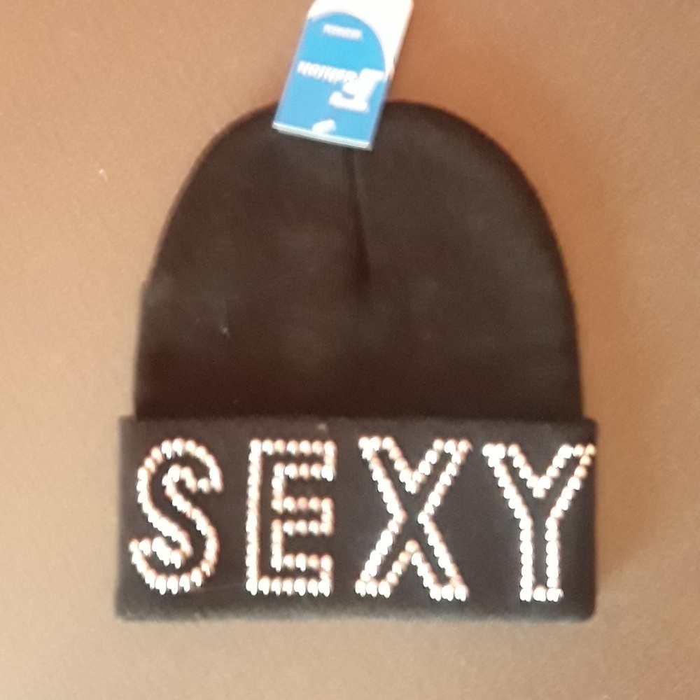 Black‎ beanie hat with "Sexy" rhinestone graphic